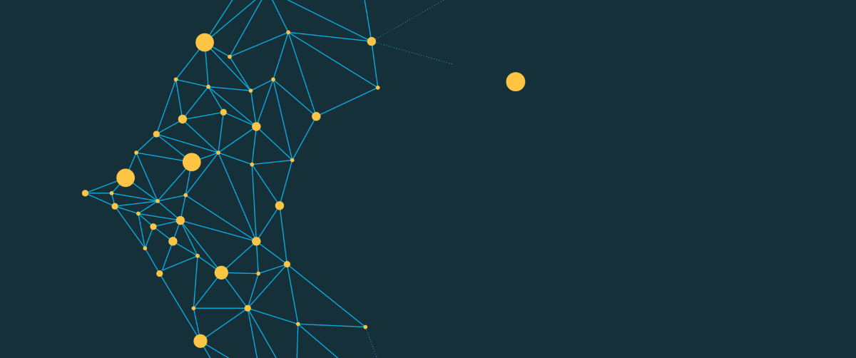 A graphic element with a grey background and blue lines with yellow dots representing a network.