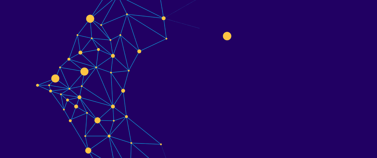 A graphic element with a purple background and blues lines with yellow dots representing a network.