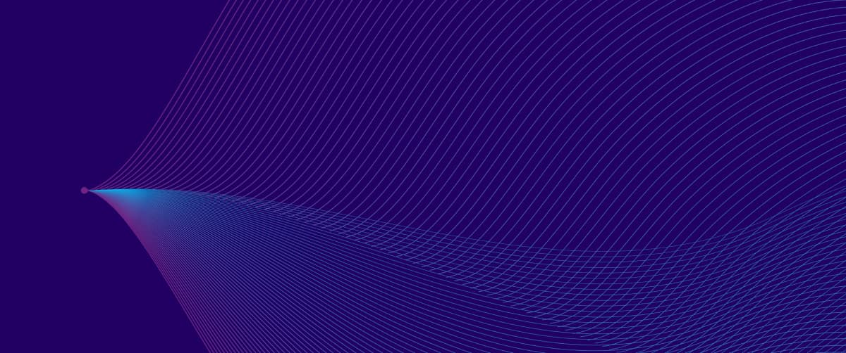 A graphic element with a purple background and pink and blue lines in a wave pattern.